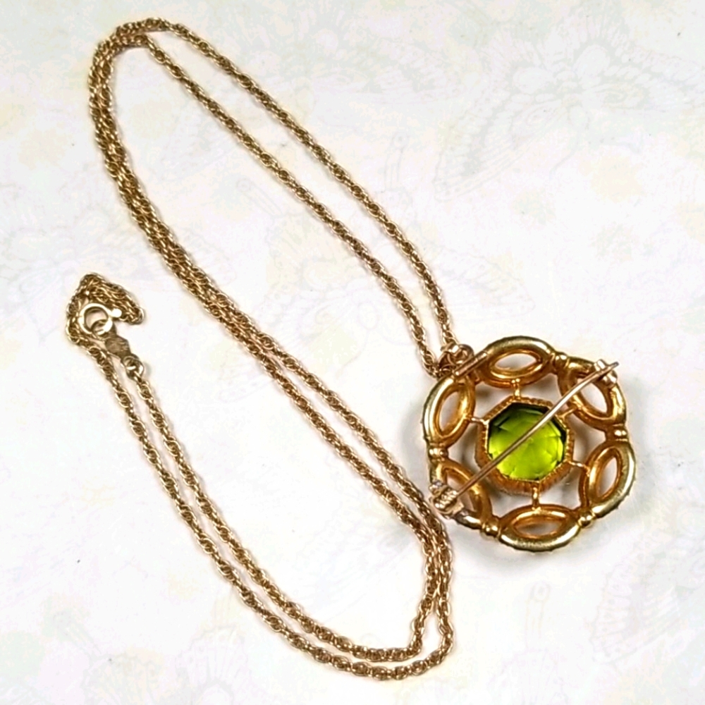 Vintage 14k Gold Cultured Pearl and Peridot Pendant Brooch Combo Necklace - Picture 6 of 16
